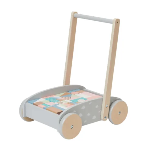 Bubble Wooden Baby Push Cart & Walker with 46 Building Blocks