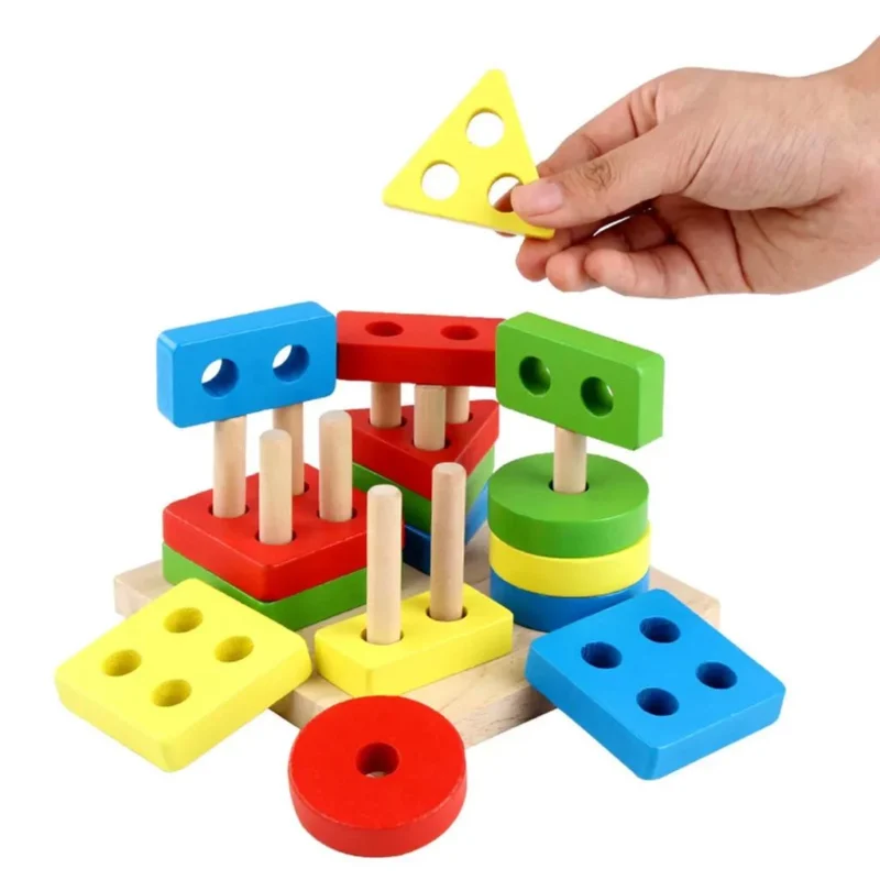 02 Wooden Sorting & Stacking Educational Toys for Toddlers, Shape Color Recognition Education Puzzle Stacker for 1 2 3 Year